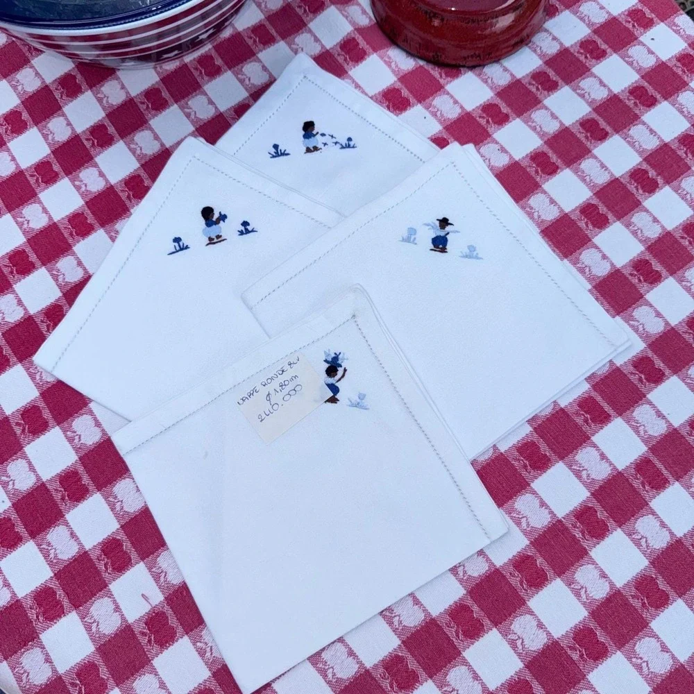 Vintage Hand-Embroidered Linen‎ Napkins – Whimsical Folk Art Figures – Set of 4